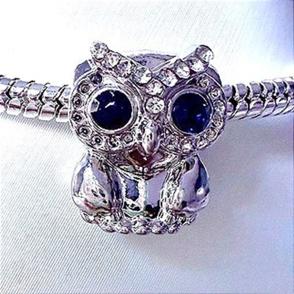 Silver Owl Bead Charm Fits Snake Chain Bracelet Crystal Blue Eyes Wise Bird